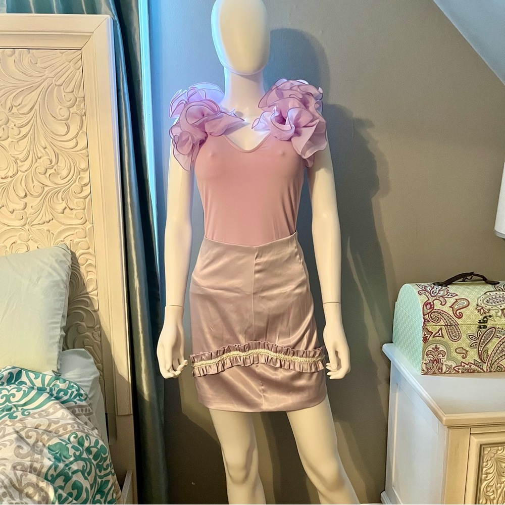 Lavender Bodysuit with Ruffle Details and Satin Skirt Set